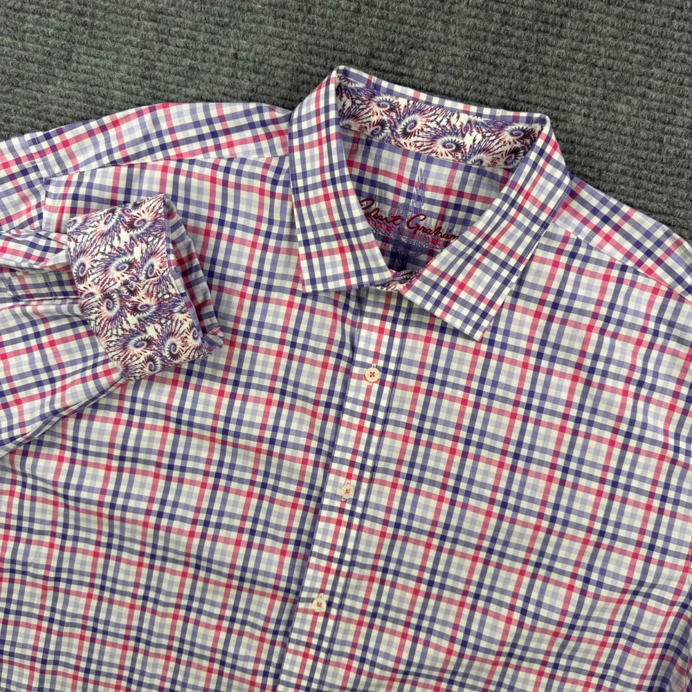 Robert Graham Button Up Shirt Men 3XL Pink Purple Plaid Long Sleeve Paisley Cuff